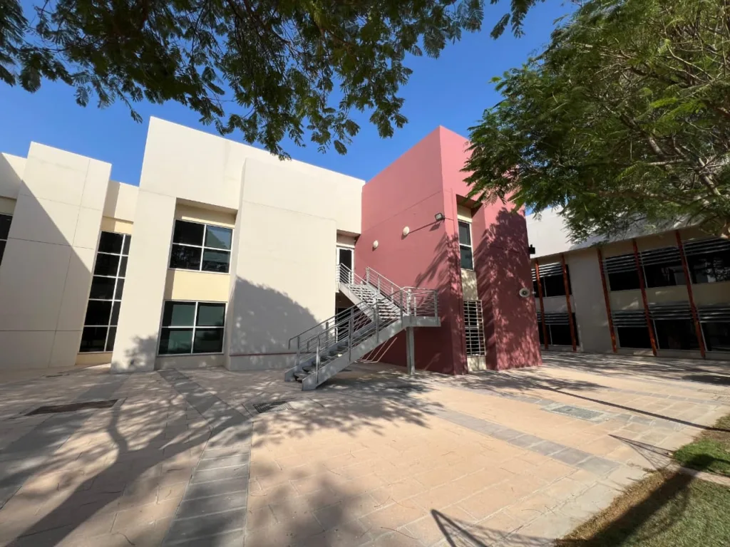 Modern Dwight school building with outdoor stairs.
