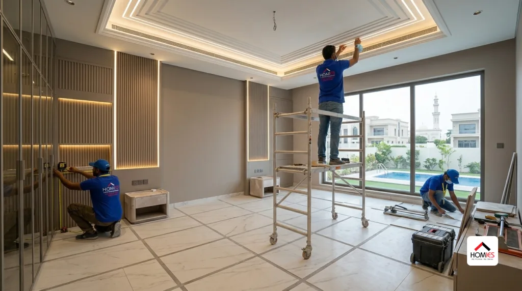 Modern luxury bedroom renovation featuring custom wardrobes, elegant lighting, premium flooring, and contemporary interior design.