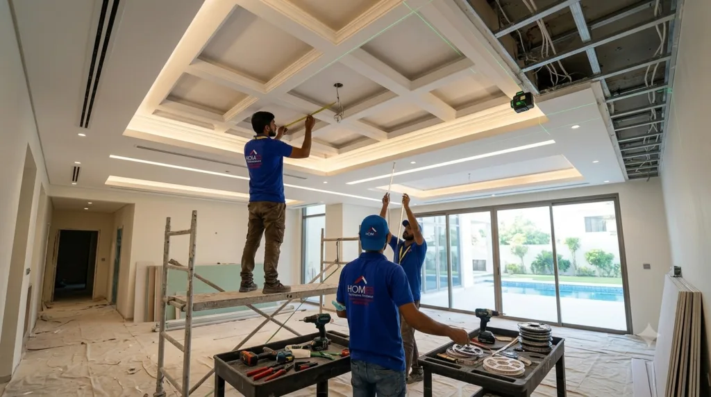 Modern gypsum ceiling with recessed LED lighting and chandelier inside a luxury villa renovation.