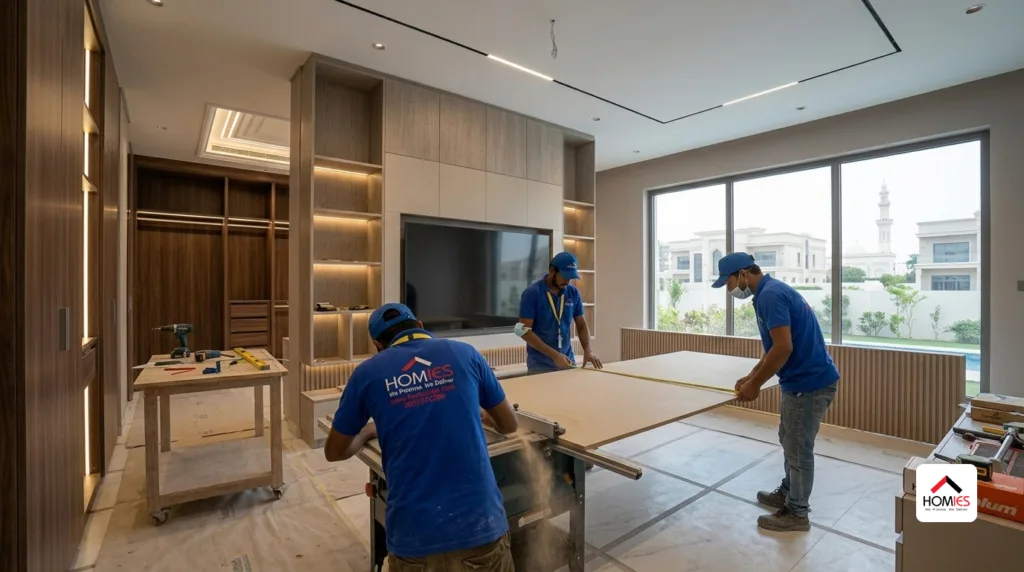 Custom wooden wardrobes, shelving, TV unit, and bespoke carpentry installed in a luxury UAE villa.
