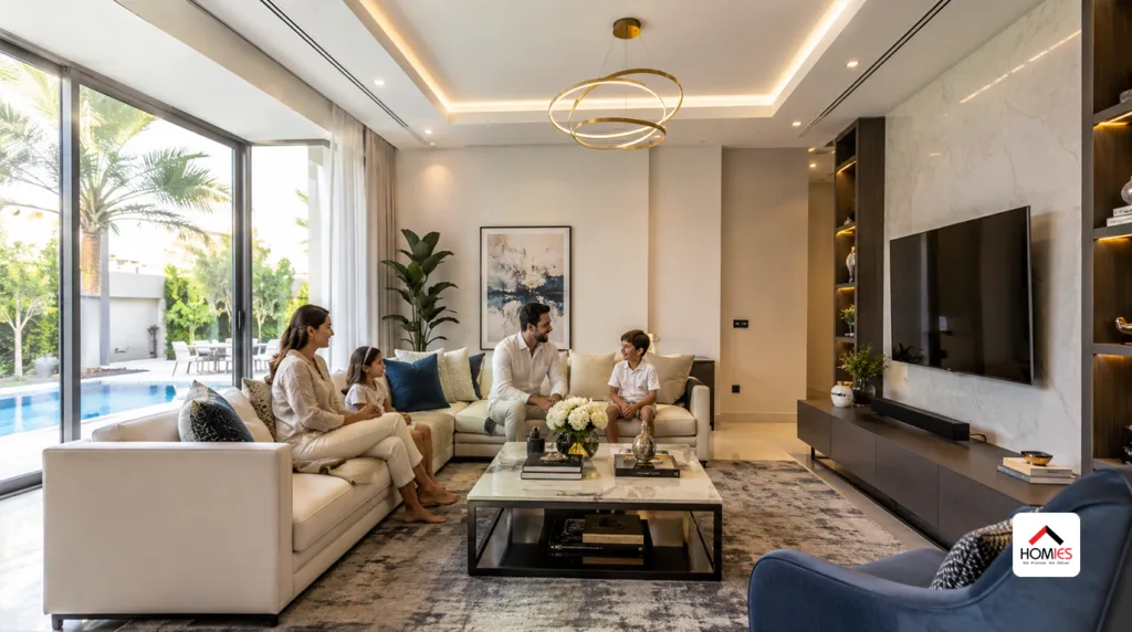 Family relaxing inside a beautifully renovated luxury villa with modern interior design in UAE.