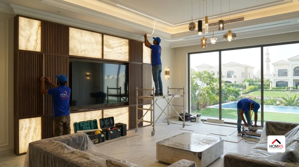 Luxury villa living room renovation with custom TV wall, premium flooring, designer lighting, and modern furniture in UAE.