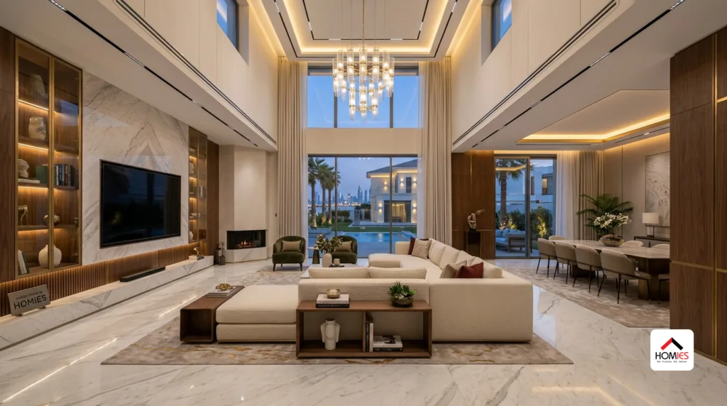 Luxury villa interior featuring modern furniture, custom lighting, premium flooring