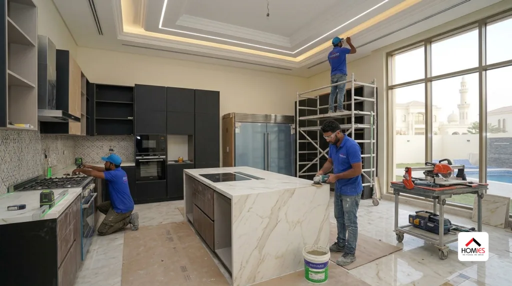 Luxury modern kitchen renovation with custom cabinets, marble countertops, island, and LED lighting in a UAE villa.