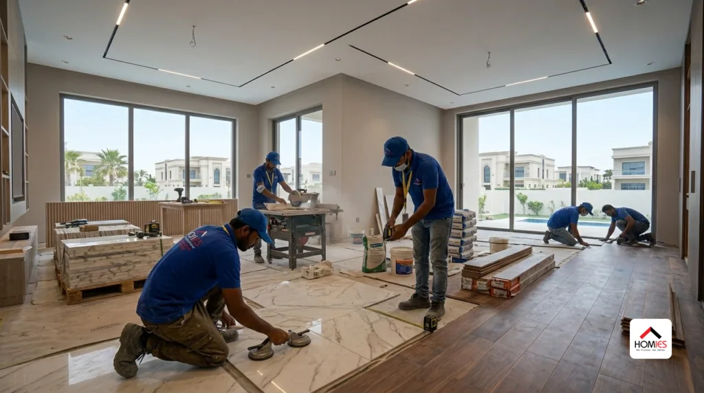 Luxury marble and engineered wood flooring installation during villa renovation in UAE.