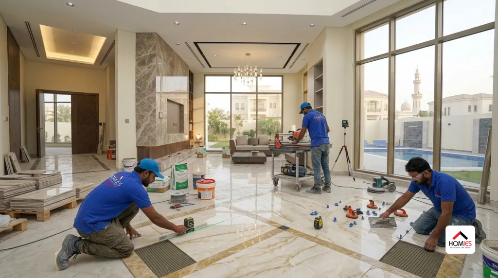 Professional villa renovation team performing flooring work