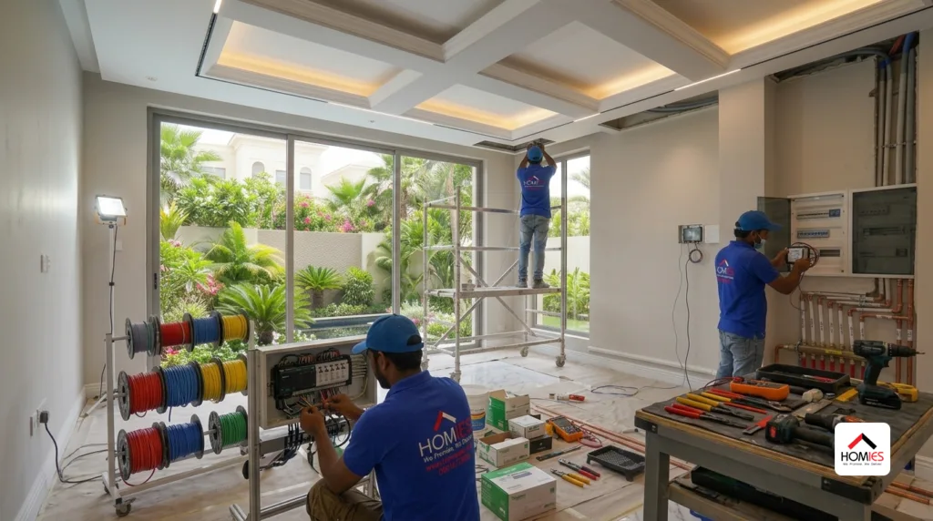 Professional electrical and plumbing installation during luxury villa renovation project in UAE.