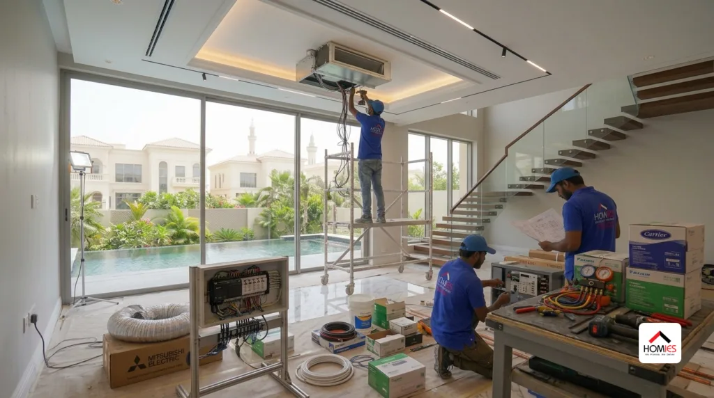 HVAC technicians installing and servicing ducted air conditioning system inside a renovated villa in UAE.